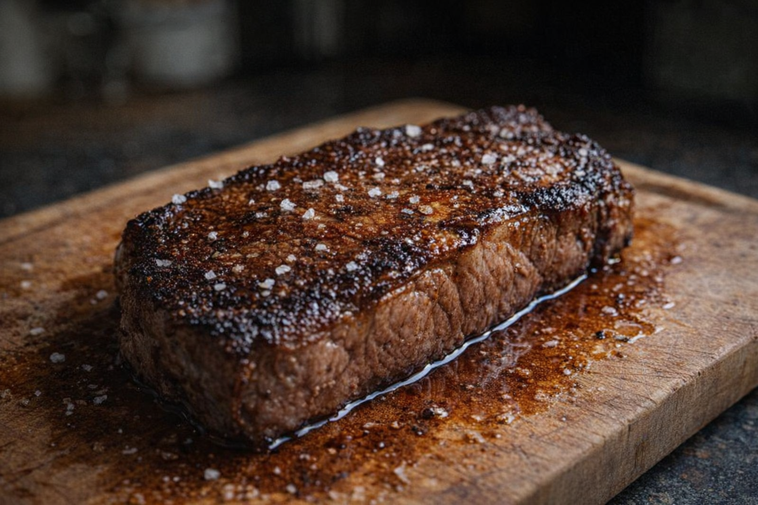 A perfectly seasoned and seared steak on a cutting board, glistening with juices, coarse salt crystals visible, dark background